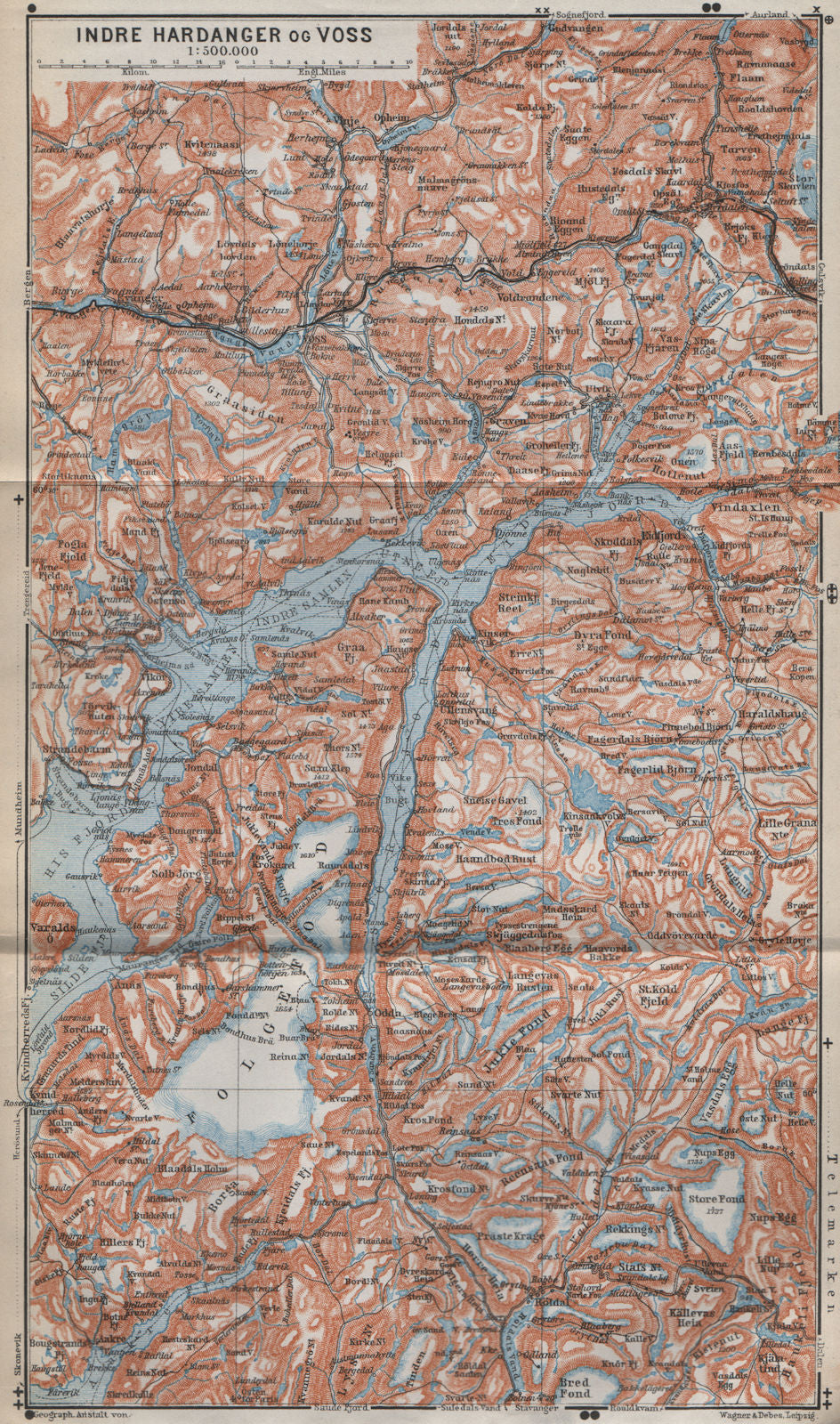 INNER HARDANGERFJORD topo-map. Folgefonna. Norway kart. BAEDEKER 1912 old